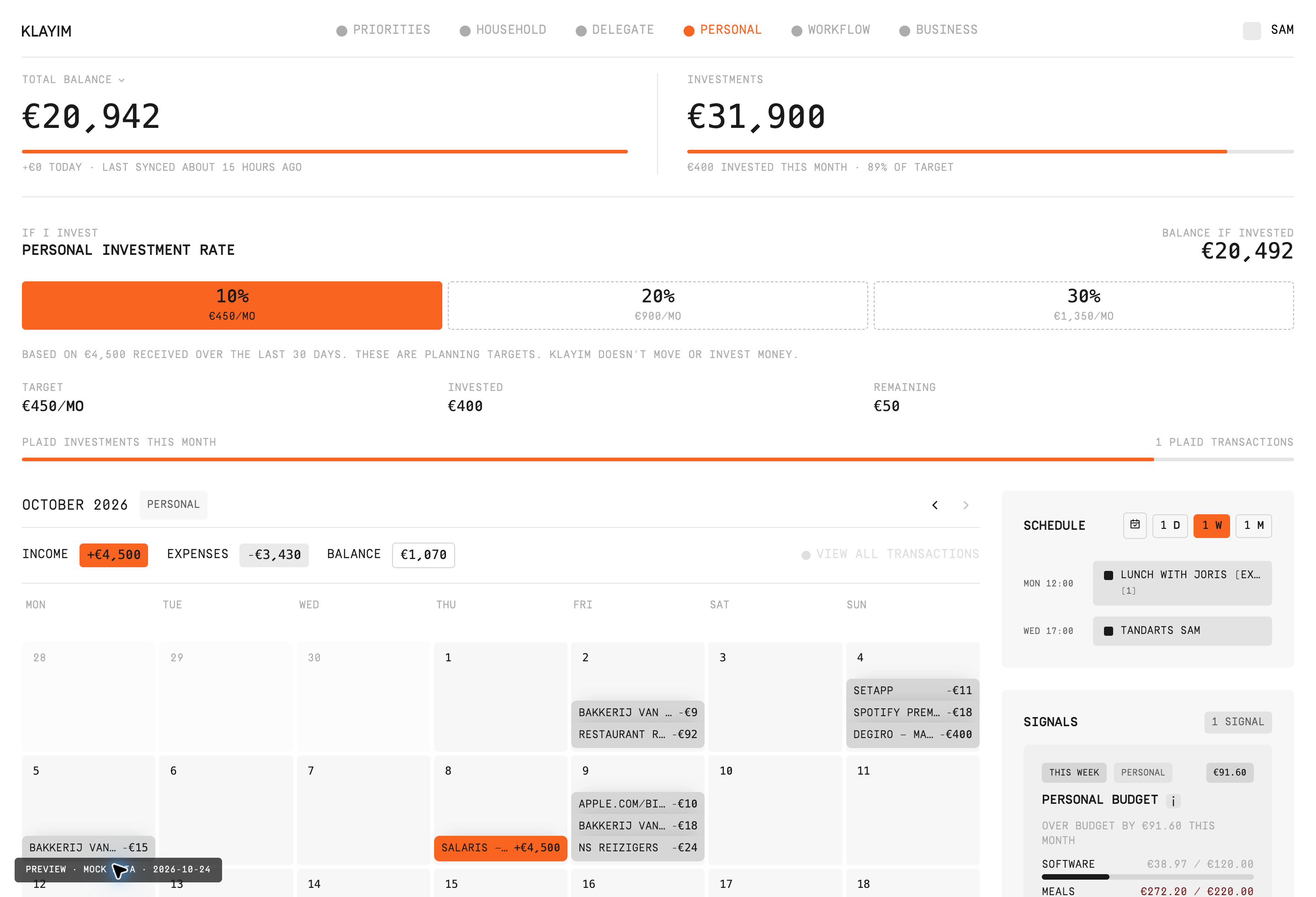 Screenshot of the Klayim Personal tab with demo data.