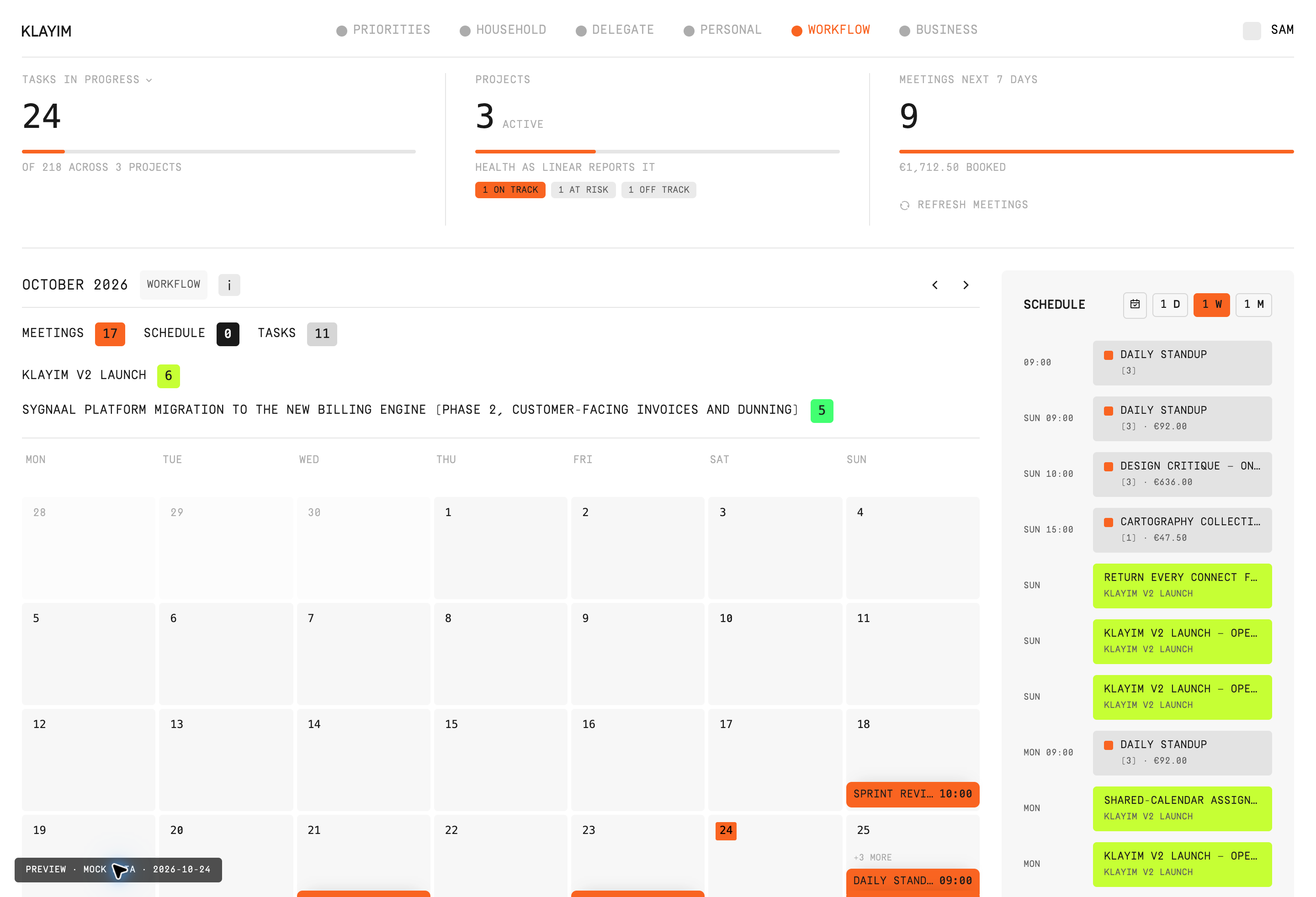 Screenshot of the Klayim Workflow tab with demo data.